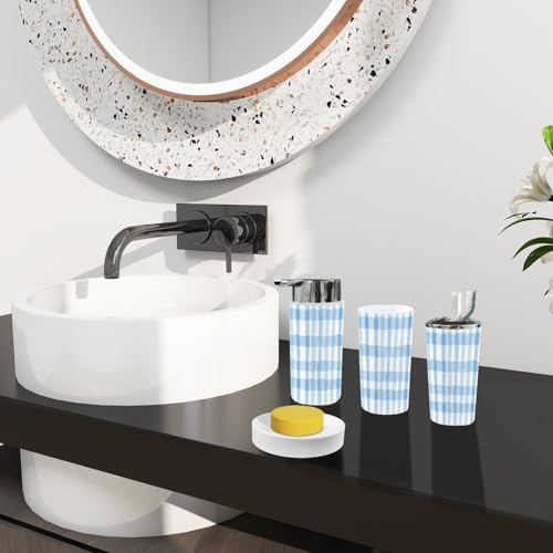 Boho Blue Gingham Bathroom Accessory Set 6 Piece