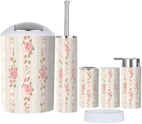 Boho Floral Striped Bathroom Accessory Set 6 Piece 1