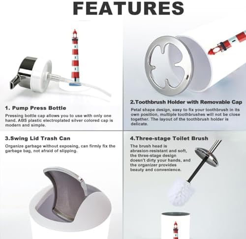 6 Piece Bathroom Accessory Set Red White Lighthouse