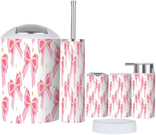 6 Piece Bathroom Accessory Set with Pink Bows and Yellow Stars