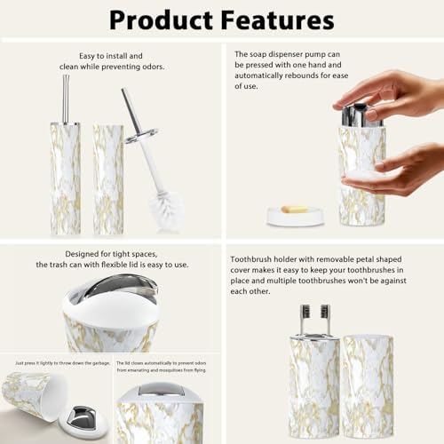 Boho Marble Gold Texture Bathroom Accessory Set of 6 1