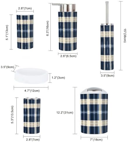 Boho Bathroom Accessory Set 6 Piece Blue Gingham Tonal