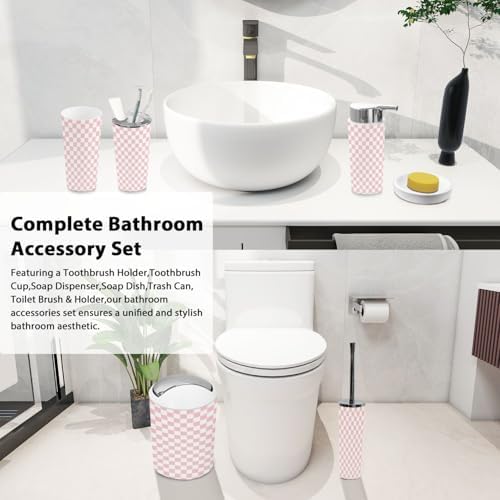 Boho Pink Checkerboard Bathroom Accessory Set 6 Piece