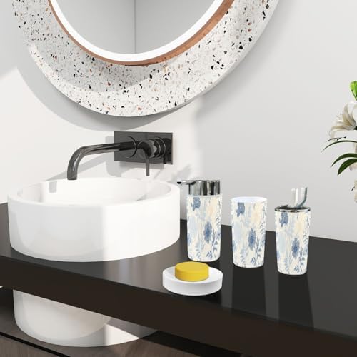Boho Abstract Linen Textured Bathroom Accessory Set 6 Piece