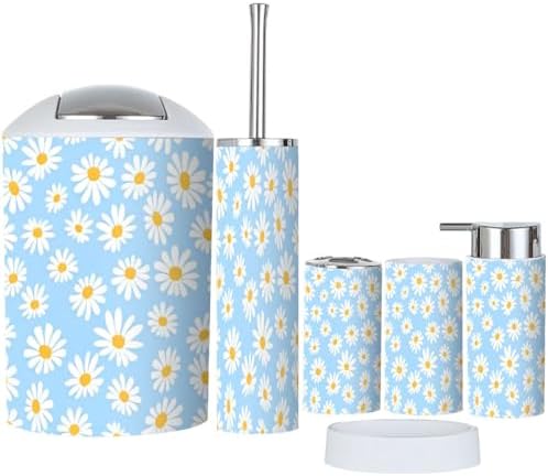 Daisy Flower Blue Bathroom Accessories 6 Piece Set