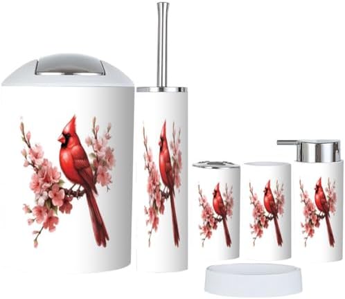 6 Piece Bird Red Bathroom Accessory Set