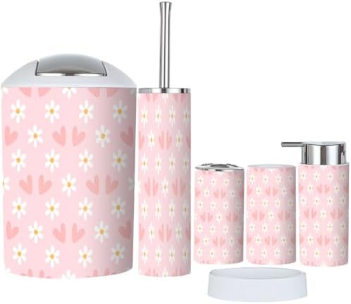 6 Piece Bathroom Accessory Set with Daisies and Hearts Print