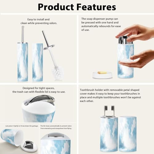 Boho Blue Sky Clouds Bathroom Accessory Set 6 Piece 1