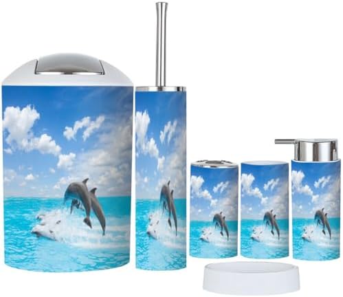 6 Piece Bathroom Accessory Set with Jumping Dolphins Design