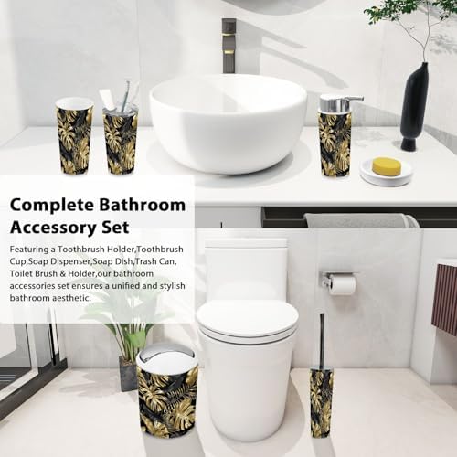 Bathroom Accessory Set 6 Piece Boho Gold Black Tropical Leaves Botanical
