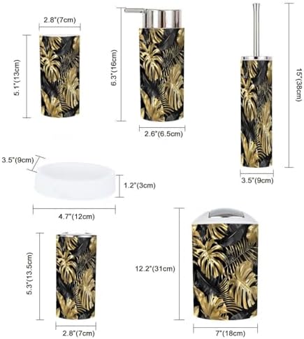 Bathroom Accessory Set 6 Piece Boho Gold Black Tropical Leaves Botanical