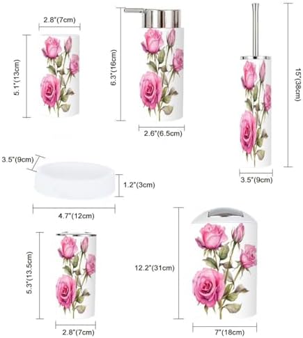 Bathroom Accessory Set 6 Piece Pink Rose Flower Design