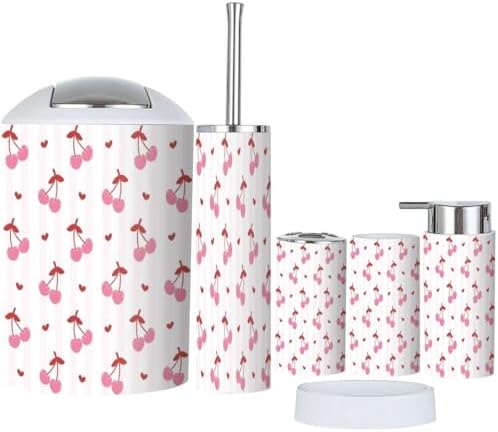 6 Piece Bathroom Accessory Set Preppy Pink White