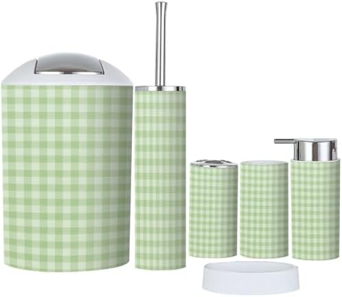 Boho Green White Plaid Bathroom 6-Piece Accessory Set