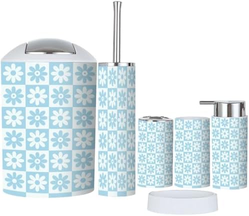 Boho Light Blue Checkered Bathroom Accessory Set 6 Piece 1