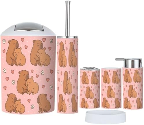 Boho Cute Hugging Capybaras Bathroom Accessory Set 6 Piece