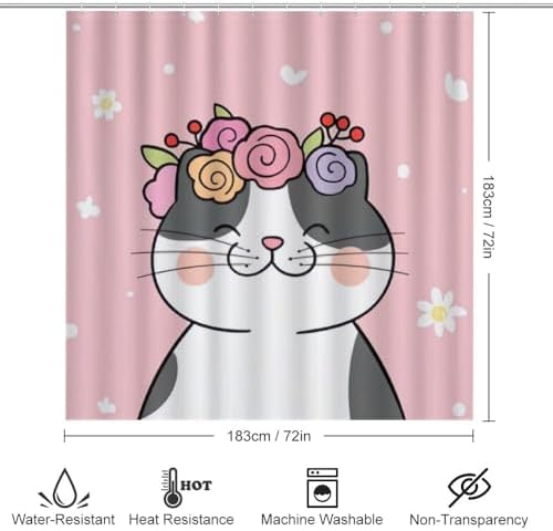 Kuizee 4-Piece Happy Cat Flower Shower Curtain Set with Rugs and Hooks