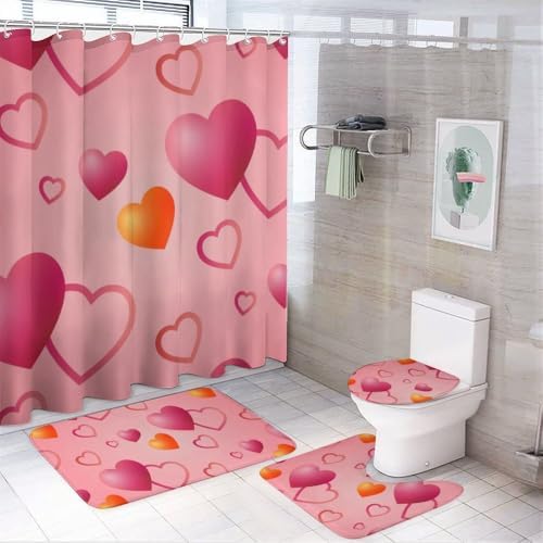 Kuizee Heart Pattern Shower Curtain Set with 4 Pieces Non-Slip Rugs