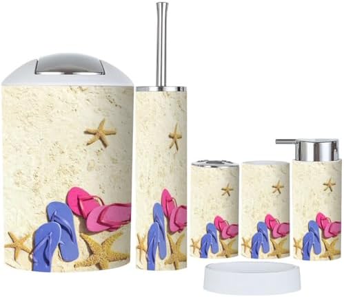 6 Piece Bathroom Accessory Set with Beach Flip Flops and Starfish Design
