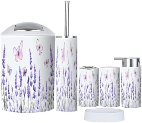 6-Piece Bathroom Accessory Set with Lavender Flowers and Butterflies Design