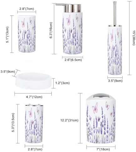 6-Piece Bathroom Accessory Set with Lavender Flowers and Butterflies Design