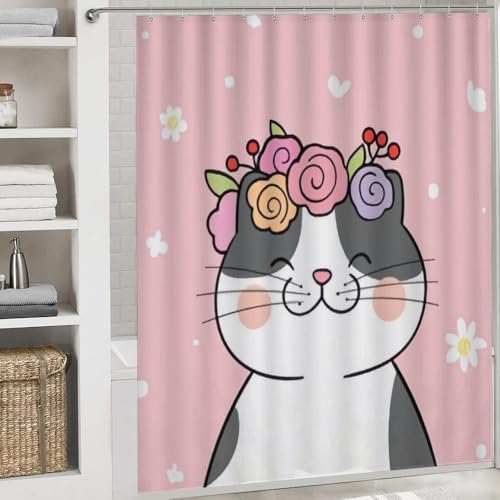 Kuizee 4-Piece Happy Cat Flower Shower Curtain Set with Rugs and Hooks