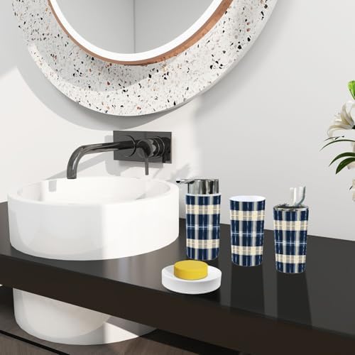Boho Bathroom Accessory Set 6 Piece Blue Gingham Tonal