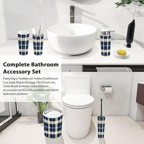 Boho Bathroom Accessory Set 6 Piece Blue Gingham Tonal