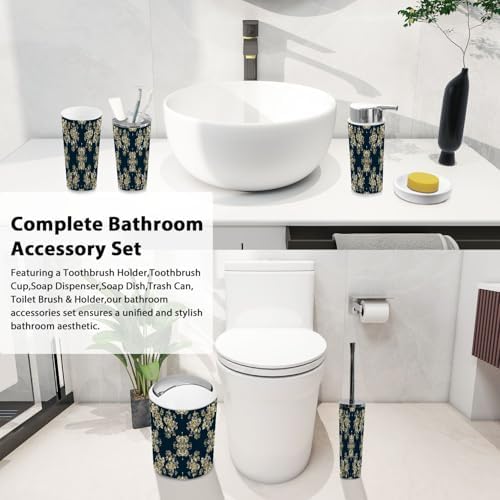 Boho Bathroom Accessory Set 6 Piece Modern Damask Pattern