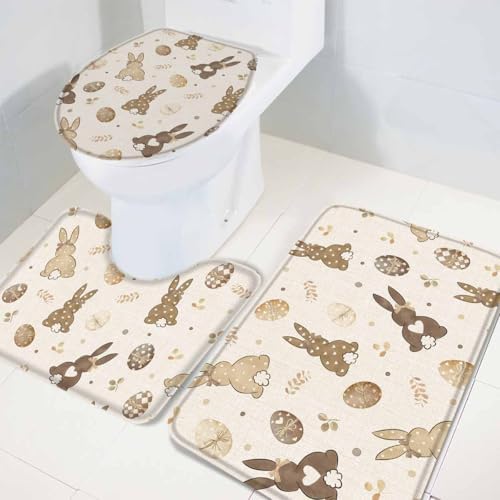 Wotrend Easter Bath Rugs Set Love Heart Brown Bunny Egg Linen Texture
