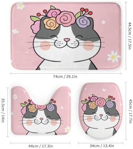 Kuizee 4-Piece Happy Cat Flower Shower Curtain Set with Rugs and Hooks