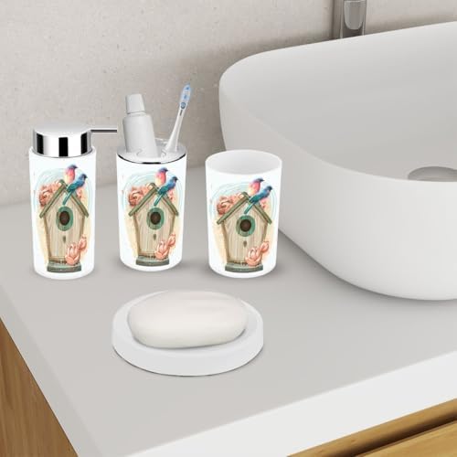 6 Piece Bathroom Accessory Set with Birdhouse Flowers Design