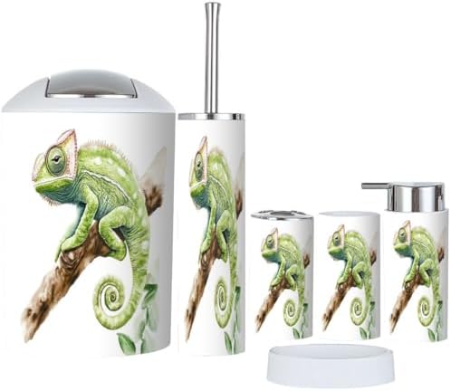Boho Green Chameleon Animal Bathroom Accessory Set of 6