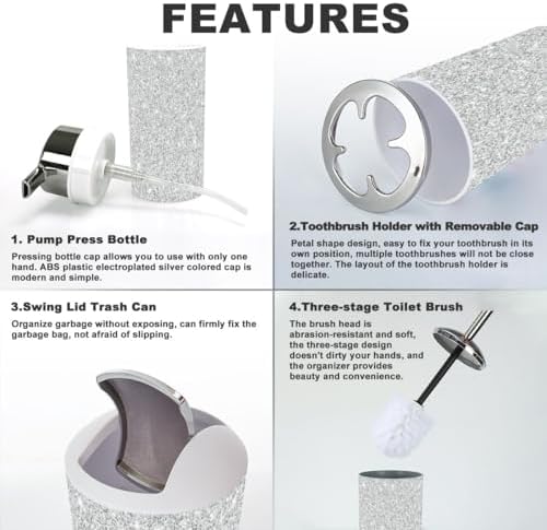 6 Piece Silver Glitter Bathroom Accessory Set