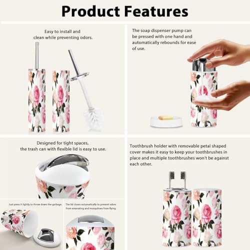 Boho Peony Roses Bathroom Accessory Set 6 Piece