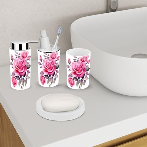 Pink Rose Flower Bathroom Accessory Set 6 Piece