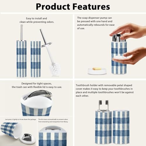 Boho Bathroom Accessory Set 6 Piece Blue Gingham 1