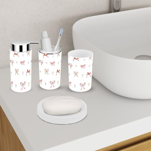6 Piece Bathroom Accessory Set Pink Red Seamless Pattern 1