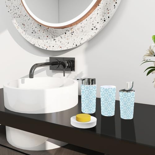 Boho Light Blue Checkered Bathroom Accessory Set 6 Piece 1