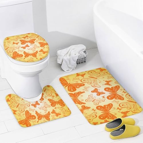Kuizee 4 Piece Yellow Butterfly Shower Curtain Set with Non-Slip Rugs
