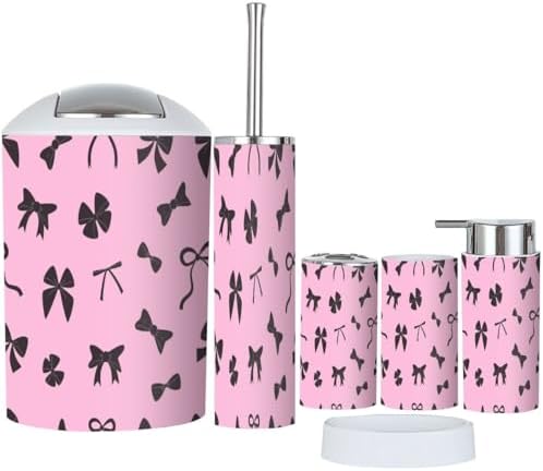 6 Piece Bathroom Accessory Set with Black and Pink Design
