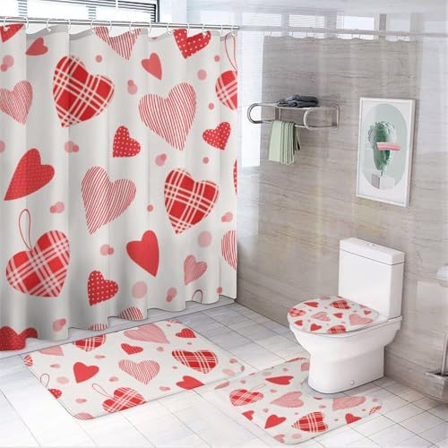 Kuizee Valentines Day Shower Curtain Set with 4 Rugs