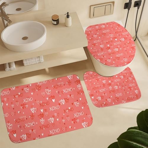Kuizee 4-Piece Shower Curtain Set with Rugs Hearts Design