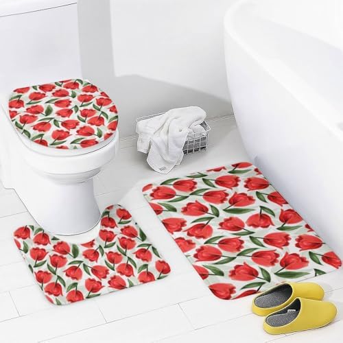 Kuizee 4-Piece Shower Curtain Set with Rugs Red Tulips Botanical Garden