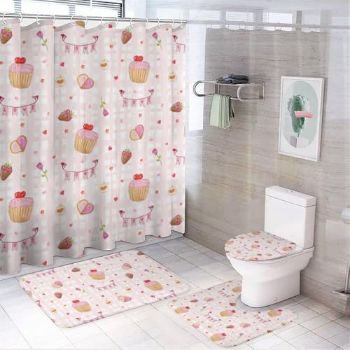 Kuizee 4 Piece Shower Curtain Set with Rugs Soft Pink Bathroom Accessories