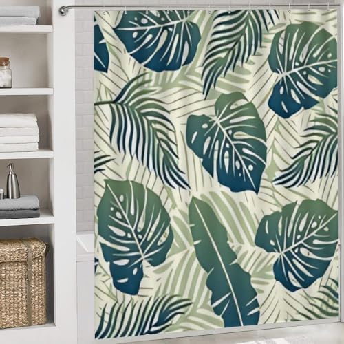 Kuizee 4-Piece Tropical Green Leaf Shower Curtain Set with Non-Slip Rugs