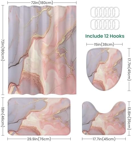 JCOOKLOFTS 4 Piece Shower Curtain Set Rose Grey Gold Stone Texture