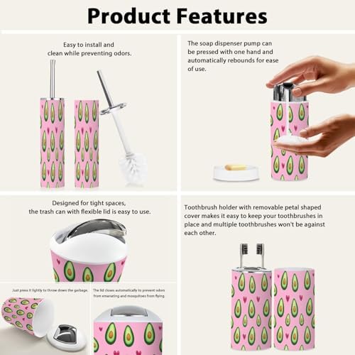 Boho Cute Avocado Hearts Bathroom Accessory Set 6 Piece