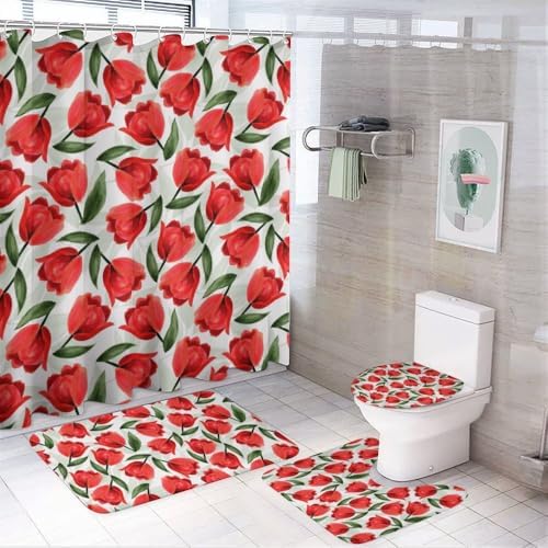 Kuizee 4-Piece Shower Curtain Set with Rugs Red Tulips Botanical Garden