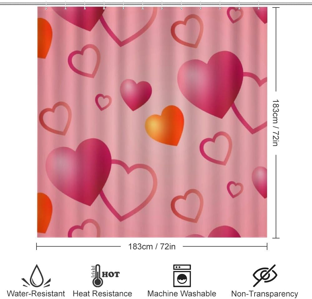 Kuizee Heart Pattern Shower Curtain Set with 4 Pieces Non-Slip Rugs